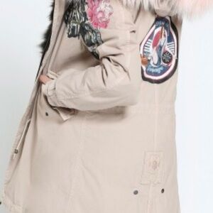 Women's Beige Parka with Embroidered Patches